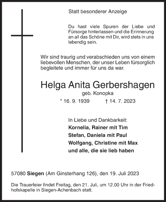 Traueranzeige von Helga Anita Gerbershagen von Siegener Zeitung