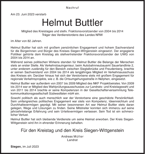 Traueranzeige von Helmut Buttler von Siegener Zeitung