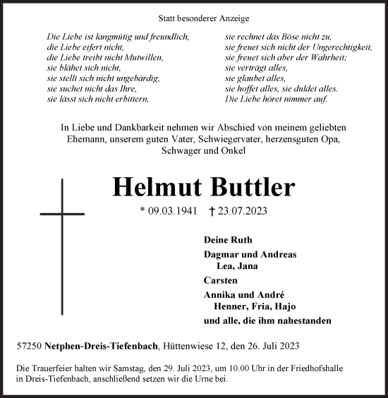 Traueranzeige von Helmut Buttler von Siegener Zeitung