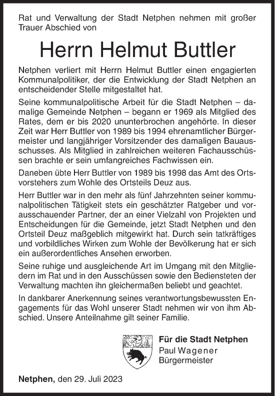 Traueranzeige von Helmut Buttler von Siegener Zeitung
