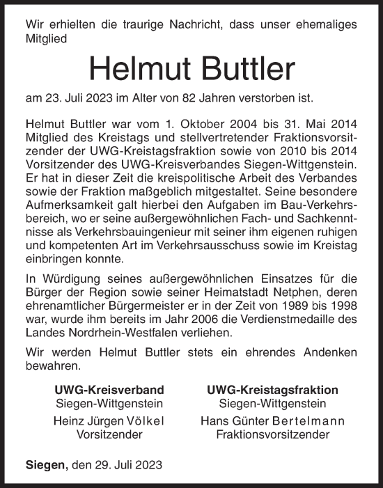 Traueranzeige von Helmut Buttler von Siegener Zeitung