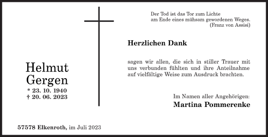 Traueranzeige von Helmut Gergen von Siegener Zeitung