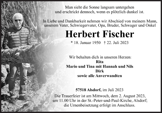 Traueranzeige von Herbert Fischer von Siegener Zeitung