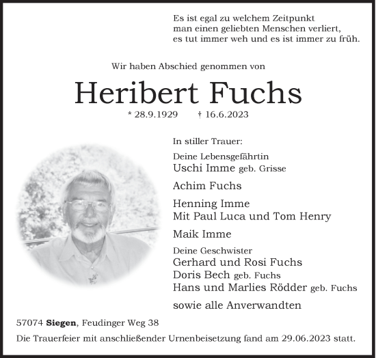 Traueranzeige von Heribert Fuchs von Siegener Zeitung