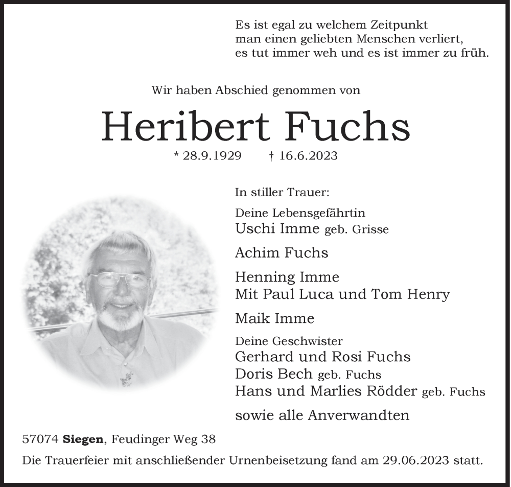  Traueranzeige für Heribert Fuchs vom 01.07.2023 aus Siegener Zeitung