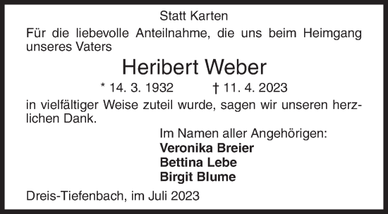 Traueranzeige von Heribert Weber von Siegener Zeitung