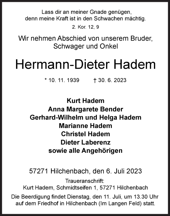Traueranzeige von Hermann-Dieter Hadem von Siegener Zeitung