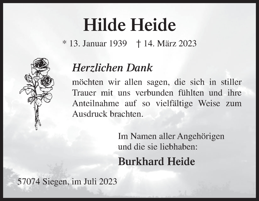  Traueranzeige für Hilde Heide vom 07.07.2023 aus Siegener Zeitung