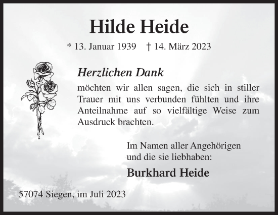 Traueranzeige von Hilde Heide von Siegener Zeitung