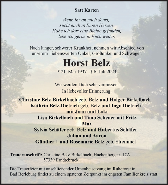 Traueranzeige von Horst Belz von Siegener Zeitung