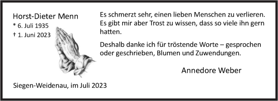 Traueranzeige von Horst-Dieter Menn von Siegener Zeitung