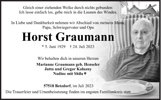 Traueranzeige von Horst Graumann von Siegener Zeitung