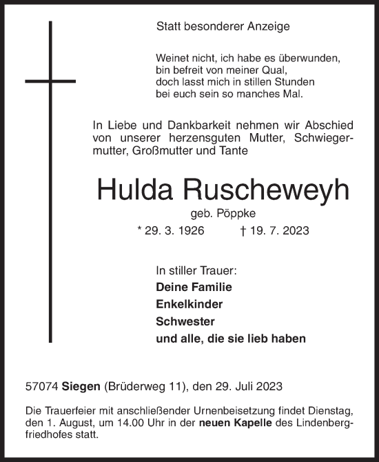 Traueranzeige von Hulda Ruscheweyh von Siegener Zeitung