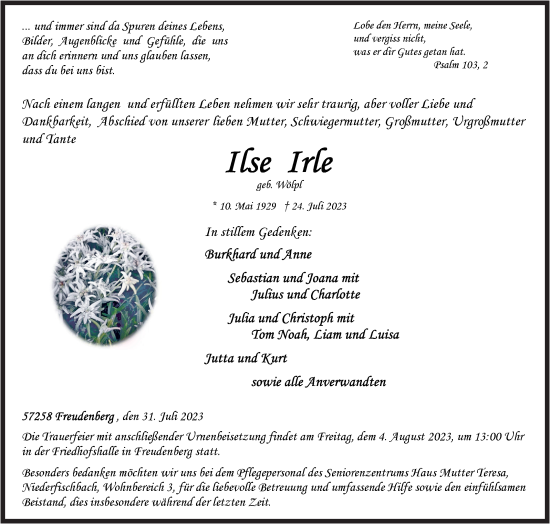 Traueranzeige von Ilse Irle von Siegener Zeitung