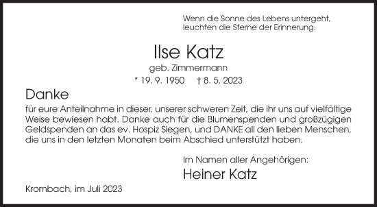 Traueranzeige von Ilse Katz von Siegener Zeitung