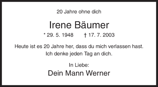 Traueranzeige von Irene Bäumer von Siegener Zeitung