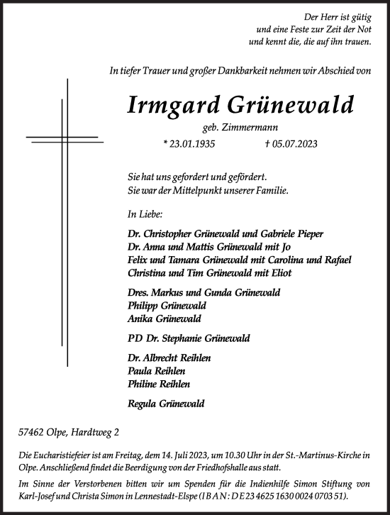 Traueranzeige von Irmgard Grünewald von Siegener Zeitung