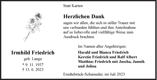 Traueranzeige von Irmhild Friedrich von Siegener Zeitung