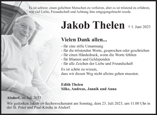 Traueranzeige von Jakob Thelen von Siegener Zeitung