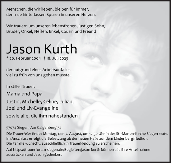 Traueranzeige von Jason Kurth von Siegener Zeitung