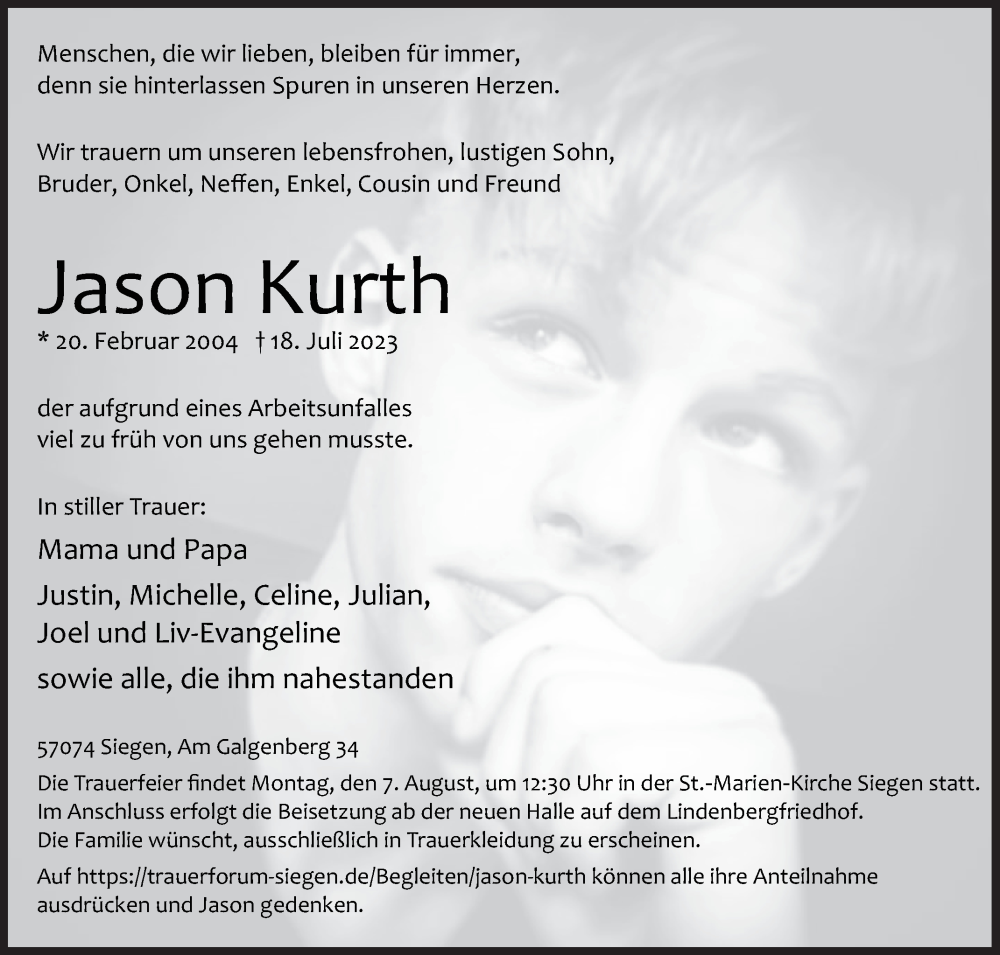  Traueranzeige für Jason Kurth vom 29.07.2023 aus Siegener Zeitung