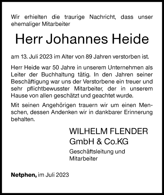 Traueranzeige von Johannes Heide von Siegener Zeitung