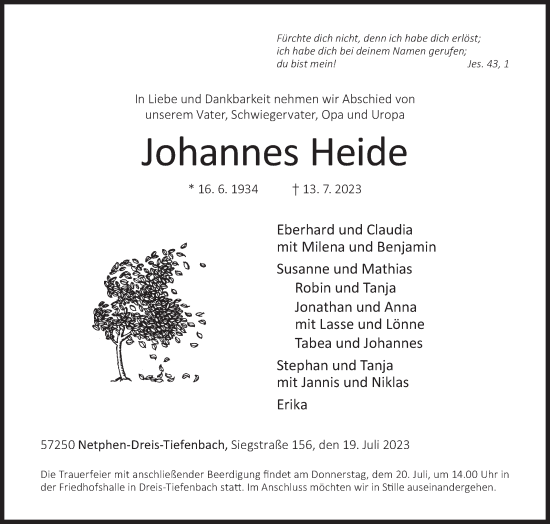Traueranzeige von Johannes Heide von Siegener Zeitung