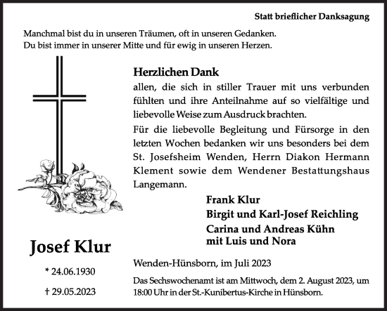 Traueranzeige von Josef Klur von Siegener Zeitung