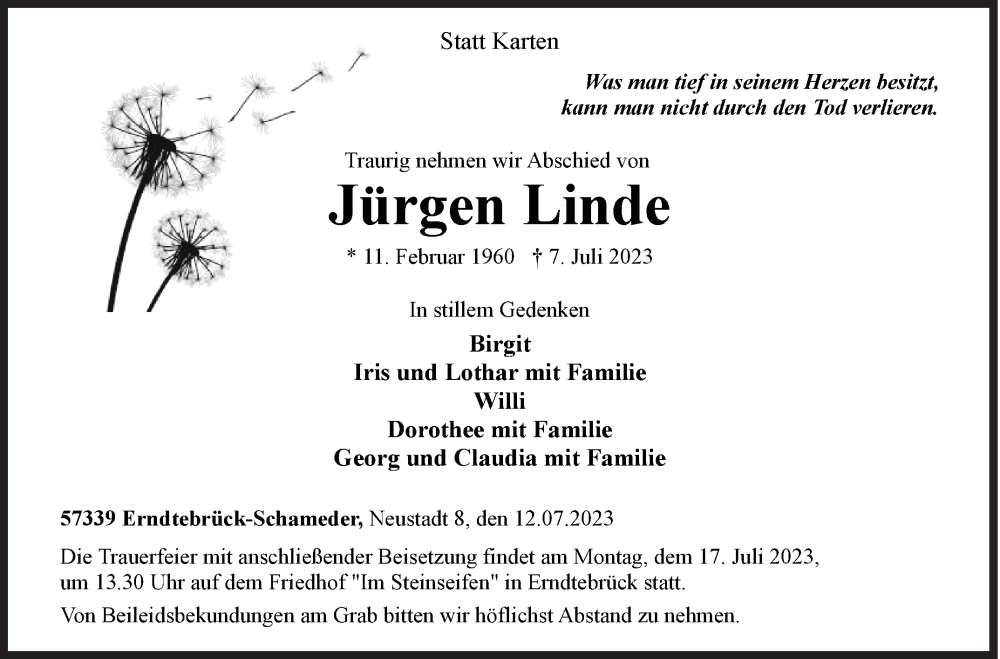  Traueranzeige für Jürgen Linde vom 12.07.2023 aus Siegener Zeitung