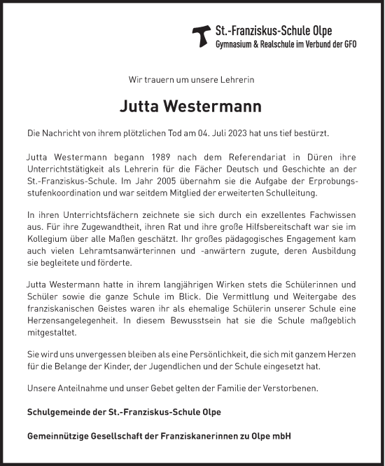 Traueranzeige von Jutta Westermann von Siegener Zeitung