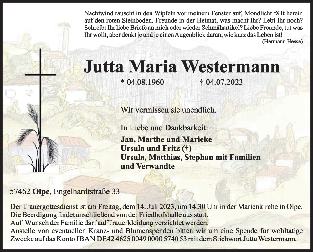  Traueranzeige für Jutta Maria Westermann vom 08.07.2023 aus Siegener Zeitung