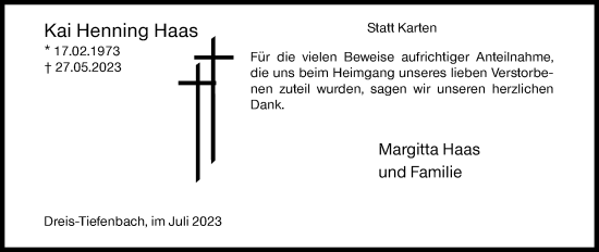 Traueranzeige von Kai Henning Haas von Siegener Zeitung
