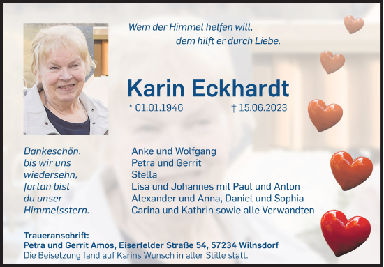 Traueranzeige von Karin Eckhardt von Siegener Zeitung