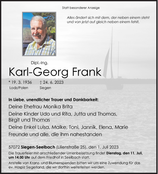 Traueranzeige von Karl-Georg Frank von Siegener Zeitung