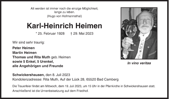 Traueranzeige von Karl-Heinrich Heimen von Siegener Zeitung