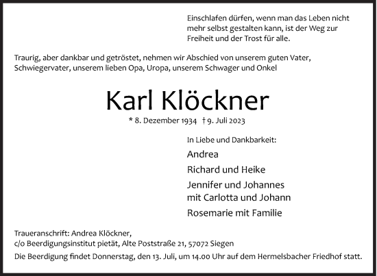 Traueranzeige von Karl Klöckner von Siegener Zeitung