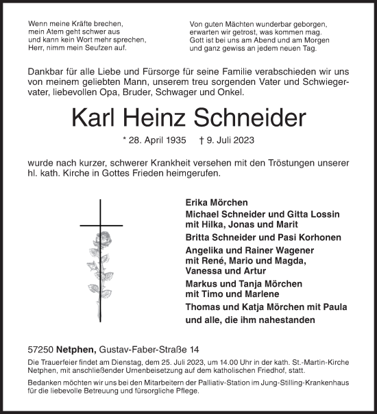 Traueranzeige von Karl Heinz Schneider von Siegener Zeitung