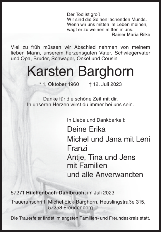 Traueranzeige von Karsten Barghorn von Siegener Zeitung