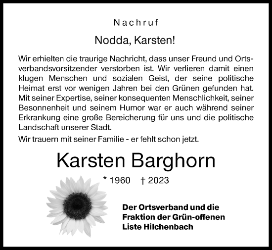 Traueranzeige von Karsten Barghorn von Siegener Zeitung