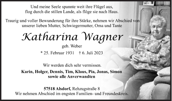Traueranzeige von Katharina Wagner von Siegener Zeitung