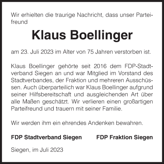 Traueranzeige von Klaus Boellinger von Siegener Zeitung