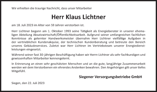 Traueranzeige von Klaus Lichtner von Siegener Zeitung