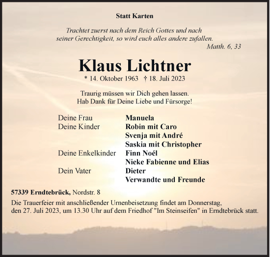 Traueranzeige von Klaus Lichtner von Siegener Zeitung