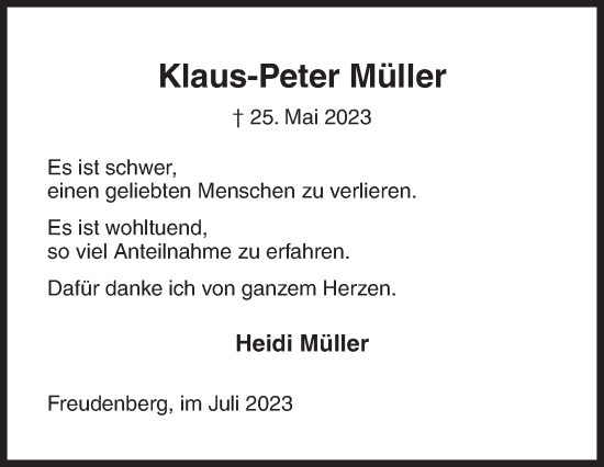 Traueranzeige von Klaus-Peter Müller von Siegener Zeitung