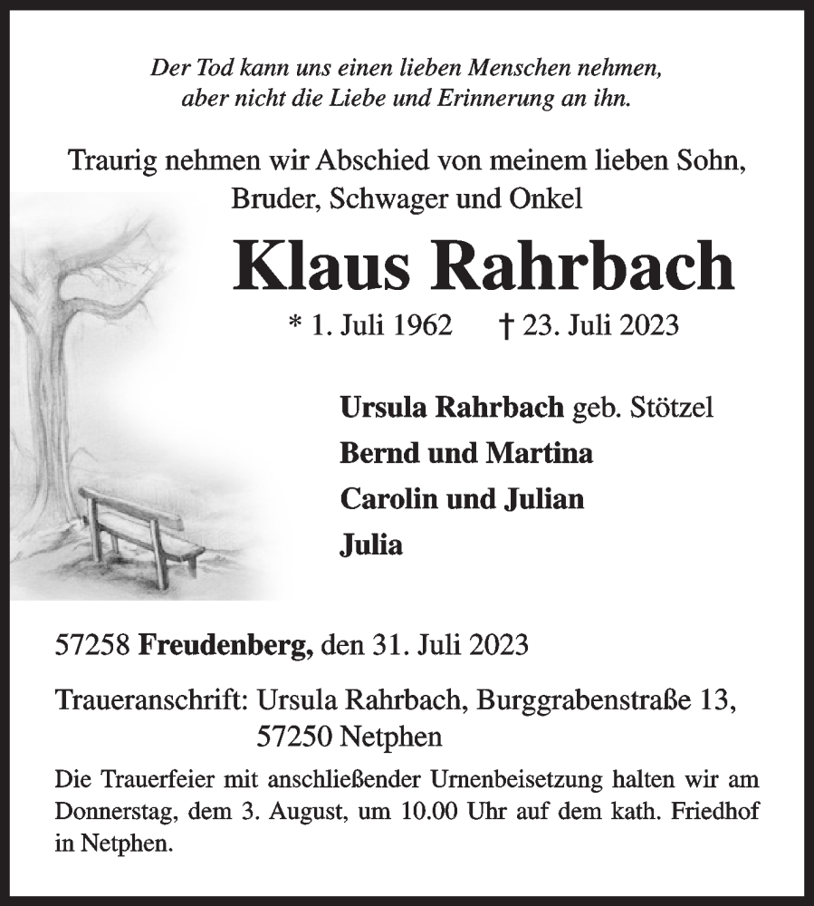  Traueranzeige für Klaus Rahrbach vom 31.07.2023 aus Siegener Zeitung