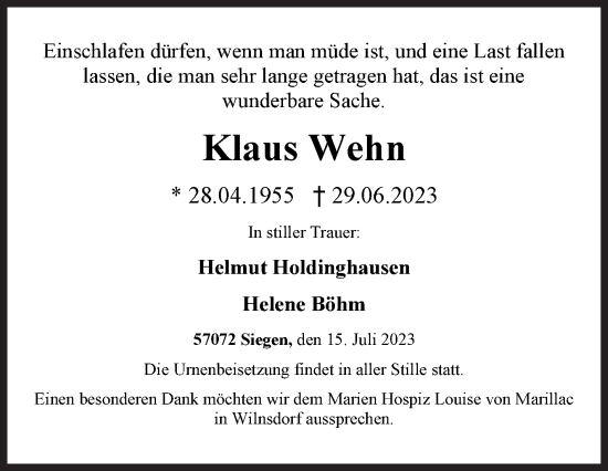 Traueranzeige von Klaus Wehn von Siegener Zeitung