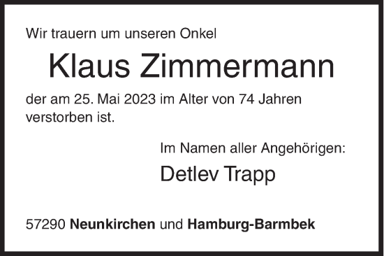 Traueranzeige von Klaus Zimmermann von Siegener Zeitung