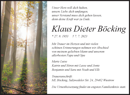 Traueranzeige von Klaus Dieter Böcking von Siegener Zeitung