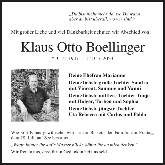 Traueranzeige von Klaus Otto Boellinger von Siegener Zeitung