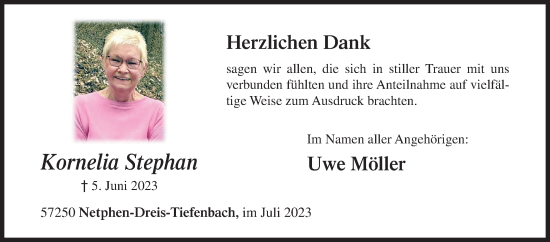 Traueranzeige von Kornelia Stephan von Siegener Zeitung